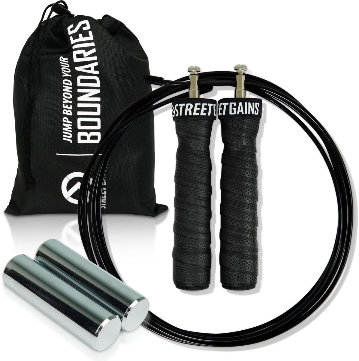 StreetGains® Verzwaard Springtouw – Speed Rope Survival Weighted – Springtouw 500g – Met Uitneembare Handvatgewichten – Verstelbaar – Voor Fitness, Cross-Training & Calisthenics