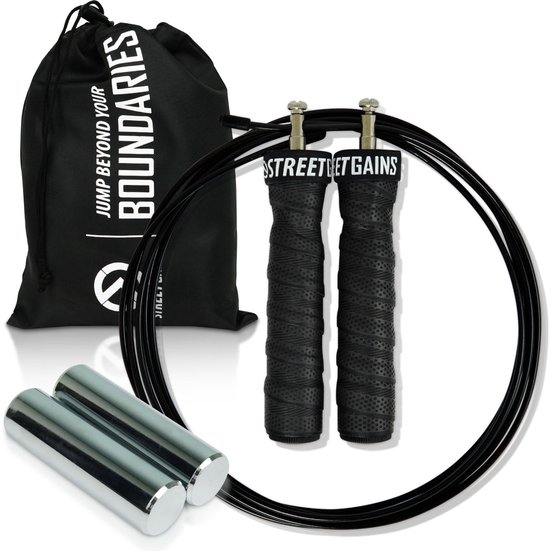 StreetGains® Verzwaard Springtouw – Speed Rope Survival Weighted – Springtouw 500g – Met Uitneembare Handvatgewichten – Verstelbaar – Voor Fitness, Cross-Training & Calisthenics