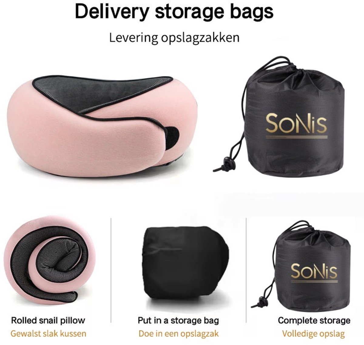 SoNis Nekkussen Vliegtuig of Auto - Reiskussen Set - 360° steun - Nekkussen Traagschuim - Travel Pillow Memory Foam - Roze