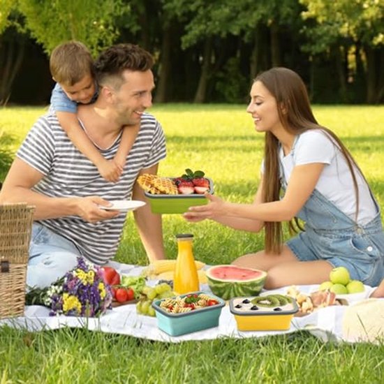 Set van 3 opvouwbare siliconen voedselbewaarcontainers - 1200 ml, vaatwasmachinebestendig voor bento box en meal prep — afbeelding 2