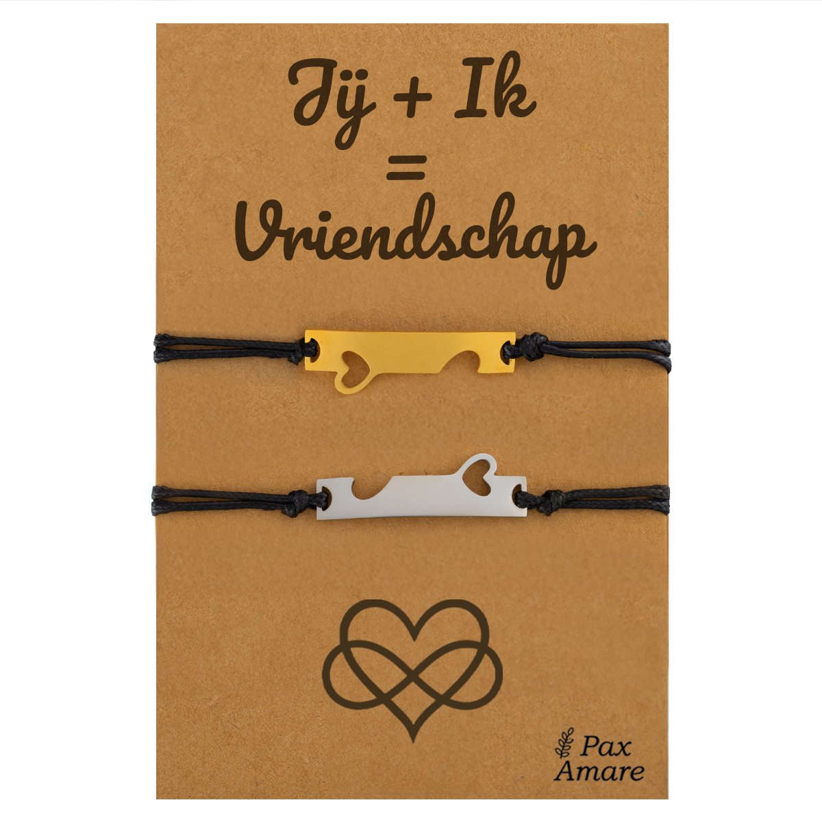 Vriendschapsarmbandjes voor 2 "Jij + Ik = Vriendschap" - Aansluitende Hartjes - BFF Armbandjes met Persoonlijk Cadeau Kaartje - Goud & Zilverkleurig - Elastisch Verstelbaar - Pax Amare