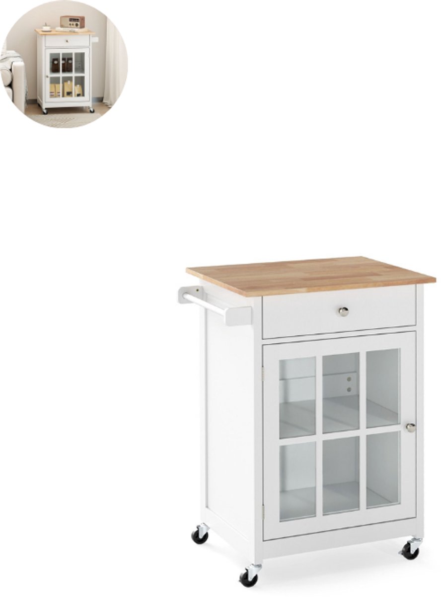 Keukeneiland - Verplaatsbaar - Keukenkast - Dressoir - Organizer - Kasten - Houten Werkblad - Wit