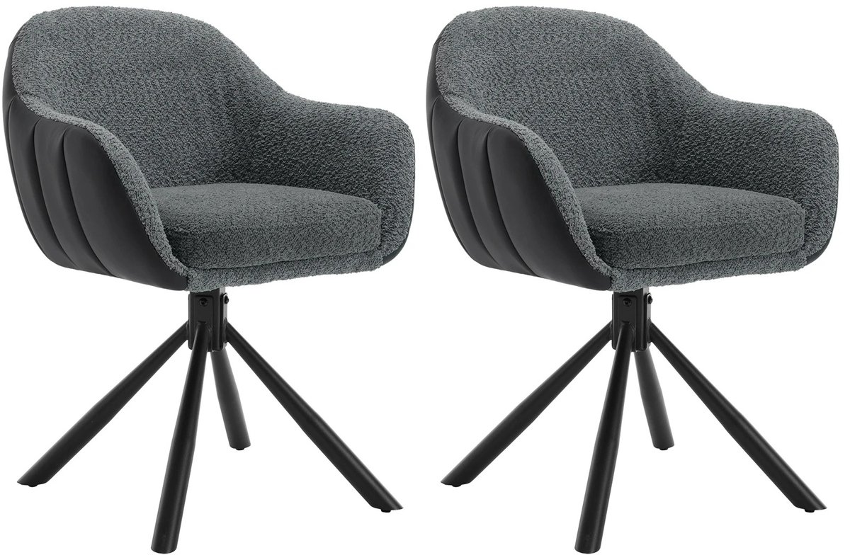 Cozy Cottage® Set van 2 Gestoffeerde Draaibare Keukenstoelen – Ergonomische Designer Eetkamerstoelen met Armleuningen – Comfortabele Lounge Stoelen voor Woonkamer, Eetkamer & Restaurant - Velvet met Bouclé Stof - Grijs Donkergrijs