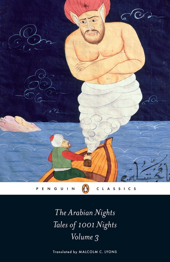 Boekomslag van The Arabian Nights met een illustratie van een geest uit een fles en een man in een boot op zee.