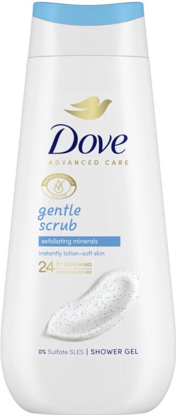 Dove Advanced Care Gentle Scrub douchegel fles met een blauw accent op de dop. De tekst op de fles vermeldt 'exfoliating minerals' en 'instantly lotion-soft skin'.