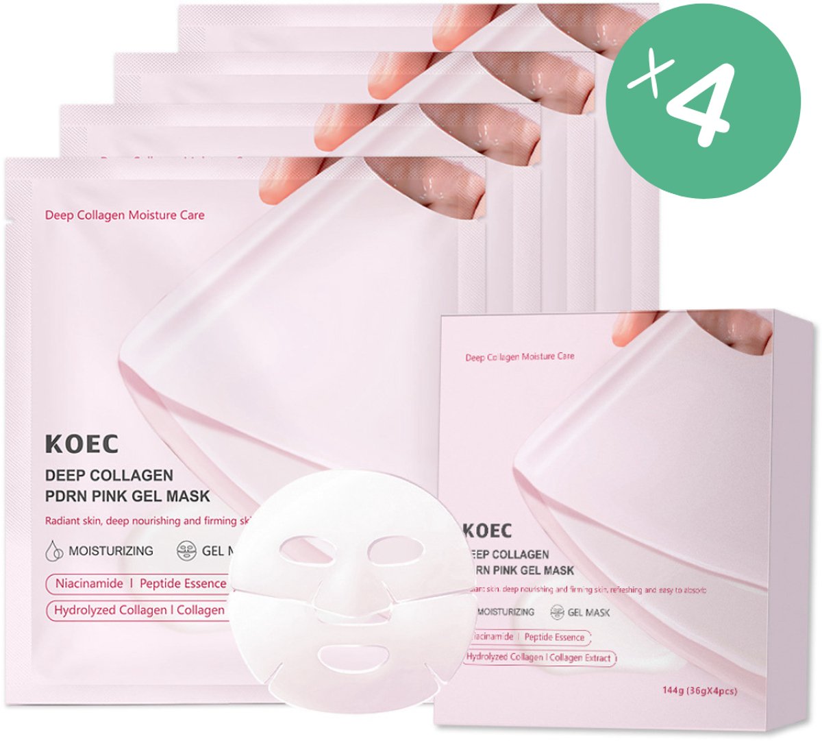 4 x Deep Collagen PDRN Pink Gel Mask – Niacinamide & Peptide Essence – Korean Skincare – Hydraterend & Verstevigend – Collageenextract – Glass Skin Effect – Koreaanse Gel Masker