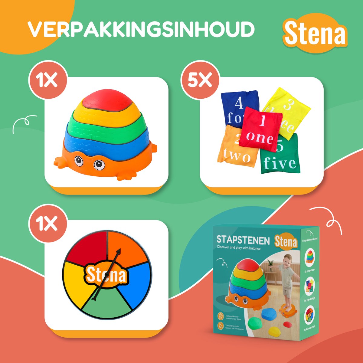 Stena Stapstenen (Kikker) + Zandzakjes + Kleurenrad - Stapelstenen - Rivierstenen - Voor Kinderen - Stepping Stones - Balansstenen - Balansspeelgoed - Heuveltoppen - Educatief/Montessori Speelgoed - Evenwicht — afbeelding 8