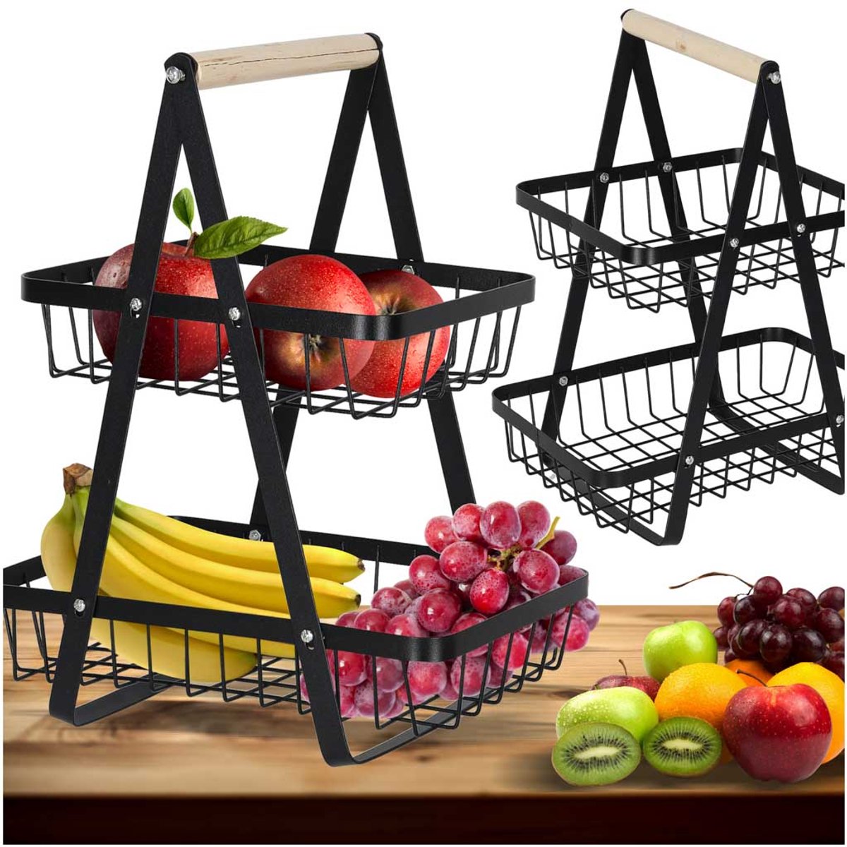 Moderne Fruitschaal - Fruitschaal Etagère - Fruitschaal 2-Laags - Keuken Organizer - Fruitschaal Zwart - Fruitmand - L - Metaal