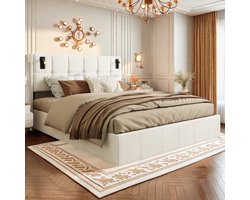 Tweepersoonsbed 140x200 cm – Opbergruimte onder Bed, 2 Leeslampen, Gestoffeerd in Beige Fluweel, Modern & Comfortabel