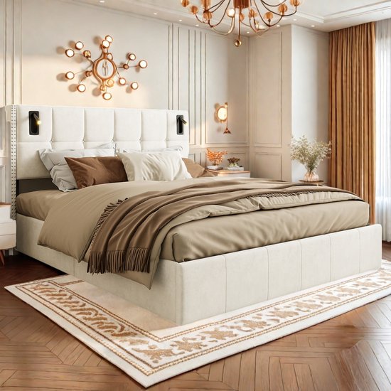 Lit double 140x200 cm – Rangement sous le lit, 2 Lampes de lecture, revêtement en velours beige, moderne et confortable