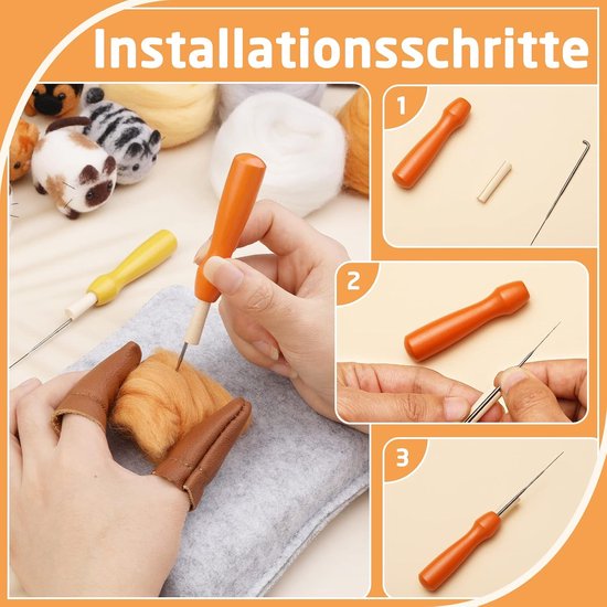 Installatie stappen voor naaldvilten: hand met vingerhoeden en oranje tool, met wol en naald. Drie stappen in cirkels.
