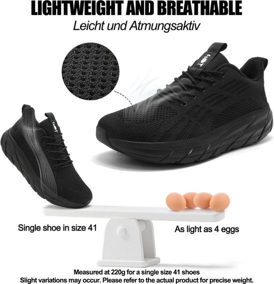 Zwarte sportschoen op een weegschaal naast vier eieren, met close-up van het ademende materiaal. Tekst: 'Lightweight and Breathable'.