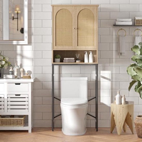 SMIBUY Badkamer boven de toiletopbergkast, bamboe kastorganizer met 2 deuren, vrijstaande toilethouder met verstelbare binnenplank (zwart