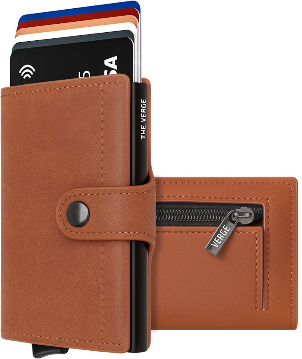The Verge® Deluxe - Pasjeshouder Uitschuifbaar Met Rits - Kaarthouder - Pasjeshouder Mannen & Vrouwen - RFID Creditcardhouder - Pashouder - 8 tot 12 pasjes - Bruin Leer Met Rits - Incl. Luxe Cadeauverpakking
