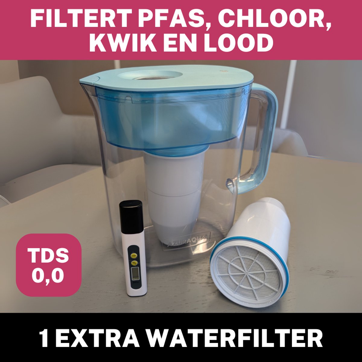Combipakket AzurAqua Waterfilterkan met extra Filter | Filtert PFAS, Lood, Chloor en Kwik uit Kraanwater | Inclusief TDS Meter | TDS 0,0 door Unieke Multistage Filter