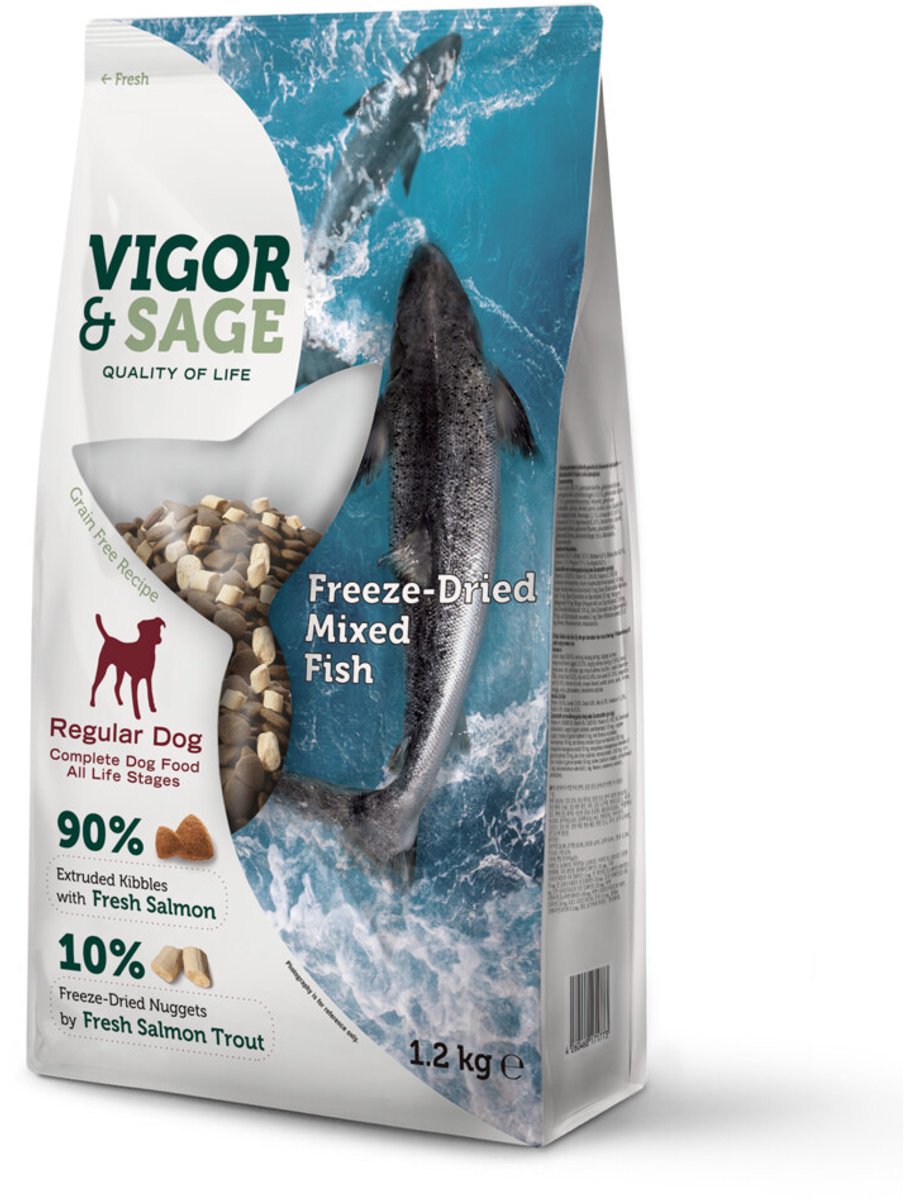 Vigor & Sage Hondenvoer Droog Adult Regular Freeze-Dried Mixed Fish - 4 x 1,2 kg - Voordeelverpakking