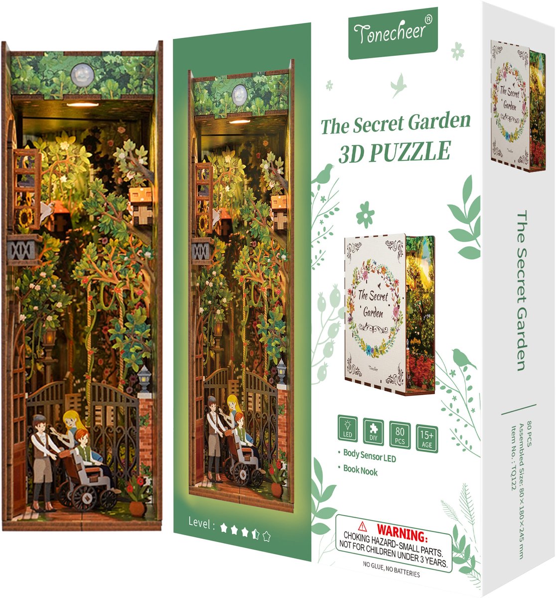 Tonecheer The Secret Garden Book Nook Bouwpakket - Modelbouw - 18,2 x 8 x 24,5 cm - Houten 3D Puzzel - Boekensteun - LED-licht - Bewegingssensor Licht - Boekenhouder — afbeelding 5