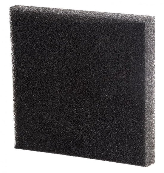 Zwart, grof filterschuim van 50x50x3 cm.