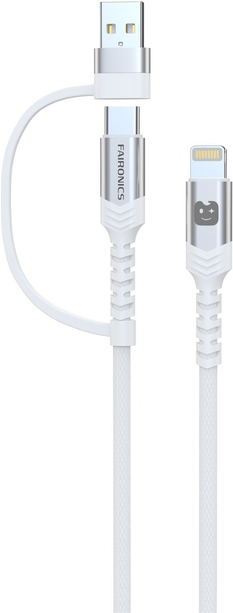 Faironics Lightning iPhone Kabel 2 Meter- Snellader Lightning naar USB-C/USB-A Nylon Kabel - Data & Oplaadkabel