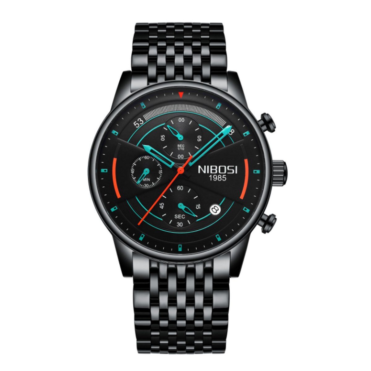 NIBOSI Horloge 2389 - Zwart-Zwart - Heren - Quartz - Waterbestendig - Stalen Band - Stoer en Modern
