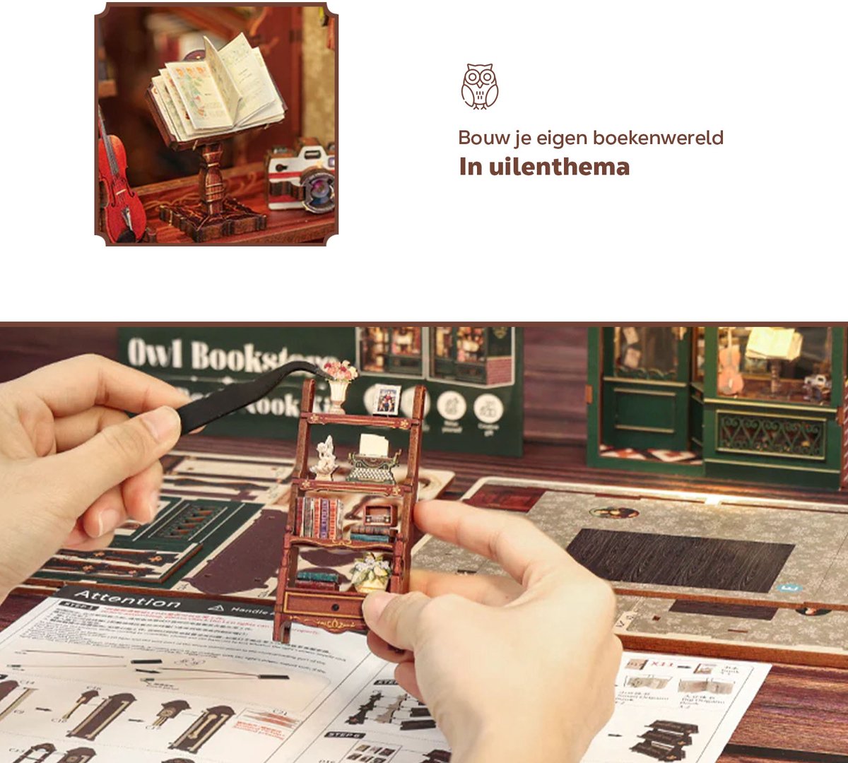 CuteBee Book Nook - Modelbouw - Houten 3D Puzzel - DIY Bouwpakket Volwassenen en Volwassenen - Boekensteun - Boekenhouder - Owl Bookstore — afbeelding 5