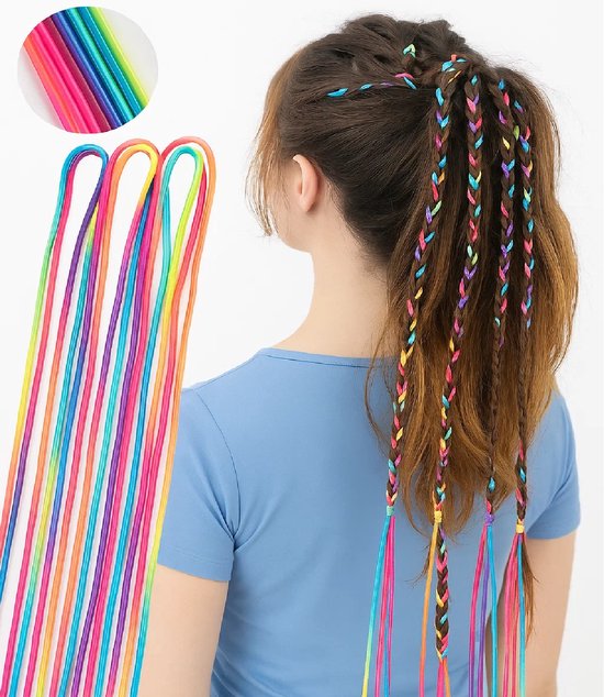 10-delige Set Kleurrijke Haar Elastiekjes met Regenboog Verloop – Modieuze Gevlochten Haarstrengen | 90 cm – Duurzaam, Creatief & Cadeauwaardig