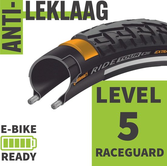 Dwarsdoorsnede van een zwarte fietsband met oranje 'anti-leklaag' en tekst 'Level 5 Raceguard E-bike Ready'.
