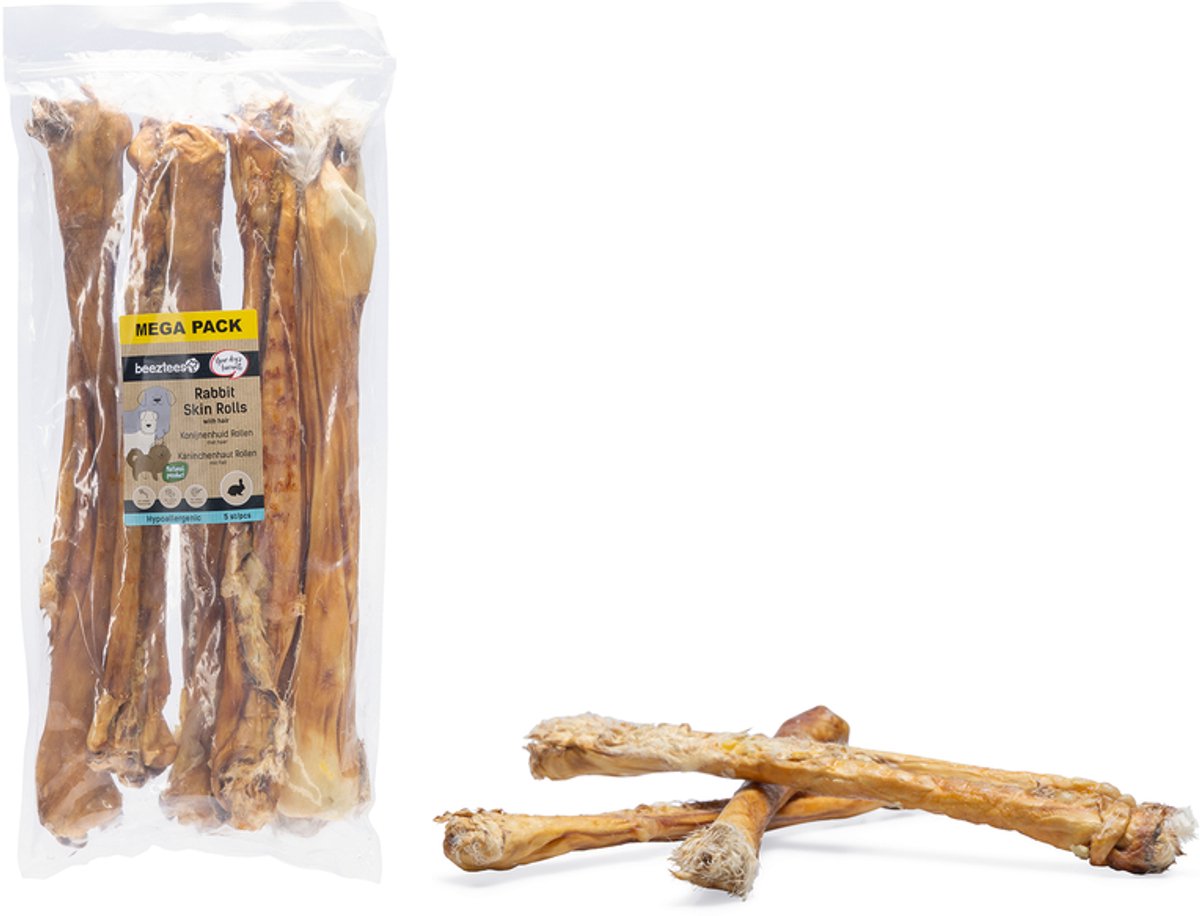 Beeztees Konijnenhuid Rol Met Haar 5 stuks - 35-45 cm - Natuurlijk - - Hondensnacks - Kauwsnacks Hond