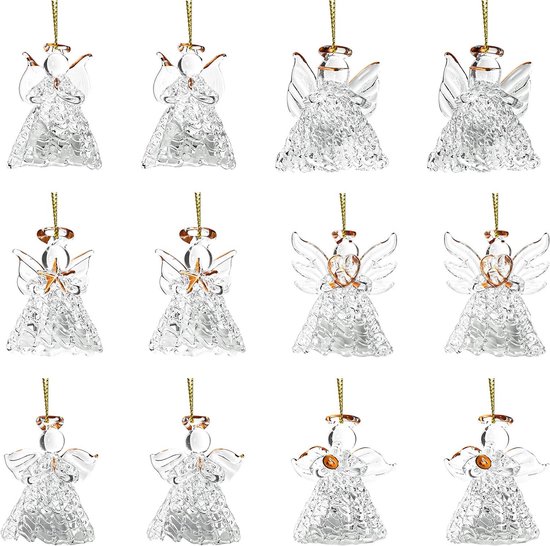 Ornements Engel en Verres filé (12 pièces) - Anges suspendus en Glas transparent avec Siècle des Lumières pour sapin de Noël - Décoration de Fête et de Décoration saisonnières