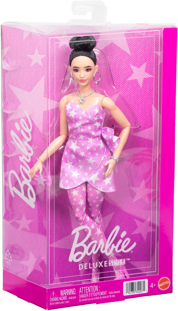 Barbie Deluxe Stijl - Roze Denim Jurk met Sterrenprint en Zwart Haar - Modepop van Barbie — afbeelding 4