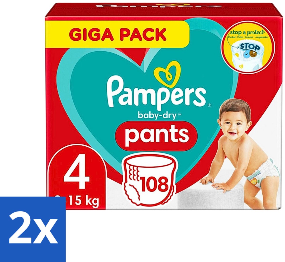 Image of 2 x Pampers - Baby-Dry Pants - Luierbroekjes - Maat 4 (9-15 kg) - Comfort Fit - 108 Luiers - Pampers Luierbroekjes - Baby Luier - Luier Maat 4 - Luierbroekjes 9-15 Kg - Luierbroekjes Comfort Fit