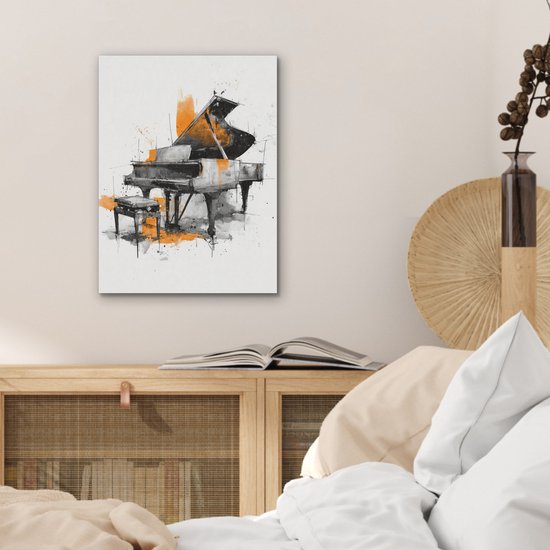 Akoestisch wandpaneel 30x40 cm - Vilt schilderij Piano - Oranje - Zwart - schets lijnen - Akoestische panelen - Geluidsdempende wanddecoratie - Geluidsisolatie woonkamer - Muurdecoratie geluidspanelen