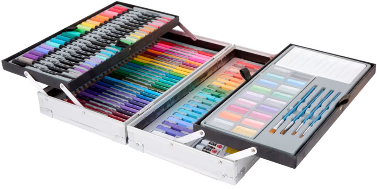 Decotime kleur- en schilderset 112-delig - Inclusief twinmarkers en kleurpotloden - Met acrylverf, aquarelpastels en verf mengpalet