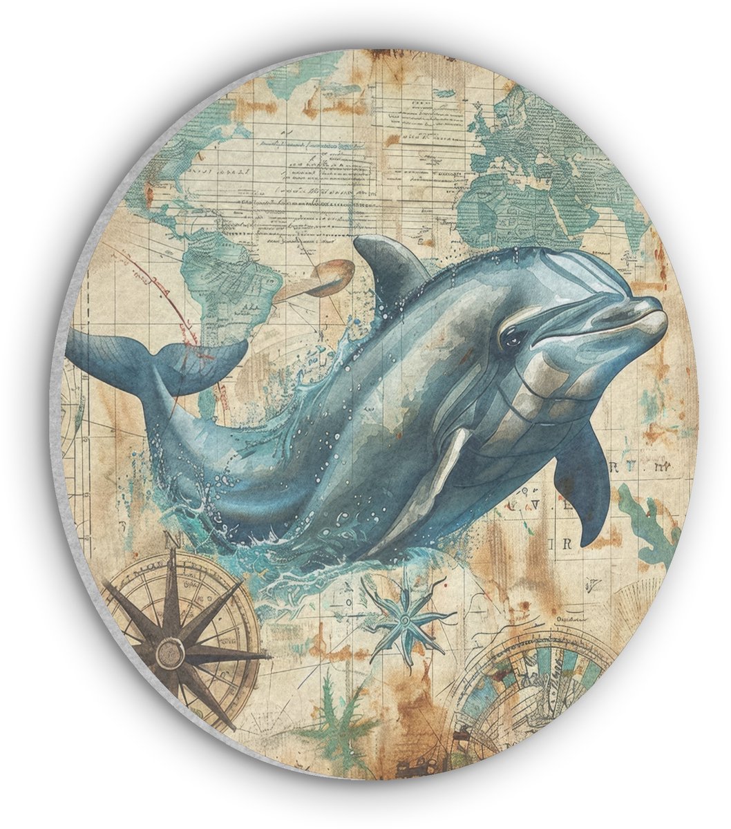 Akoestisch wandpaneel rond 70x70 cm - Vilt schilderij Vintage - Dolfijn - Dieren - Watercolor - Blauw - Ronde akoestische panelen - Geluidsdempende wanddecoratie - Geluidsisolatie wandcirkel - Muurdecoratie geluidspanelen