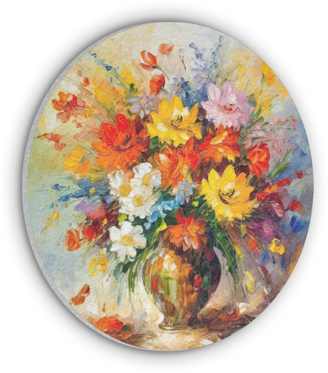 Akoestisch wandpaneel rond 90x90 cm - Vilt schilderij Bloemen - Kleurrijk - Olieverf - Bloempot - Ronde akoestische panelen - Geluidsdempende wanddecoratie - Geluidsisolatie wandcirkel - Muurdecoratie geluidspanelen