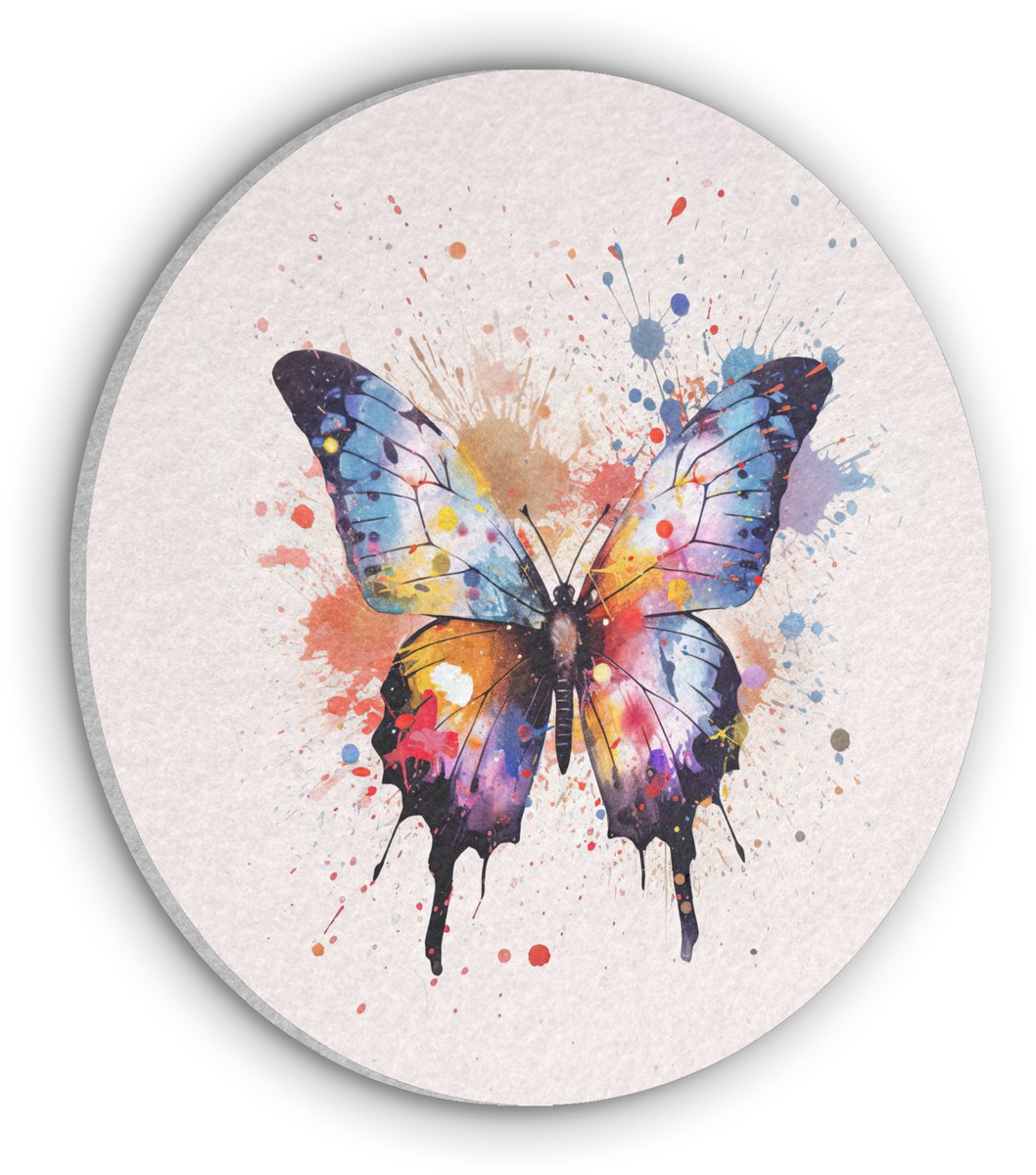 Akoestisch wandpaneel rond 30x30 cm - Vilt schilderij Vlinder - Roze - Verf - Kleurrijk - 