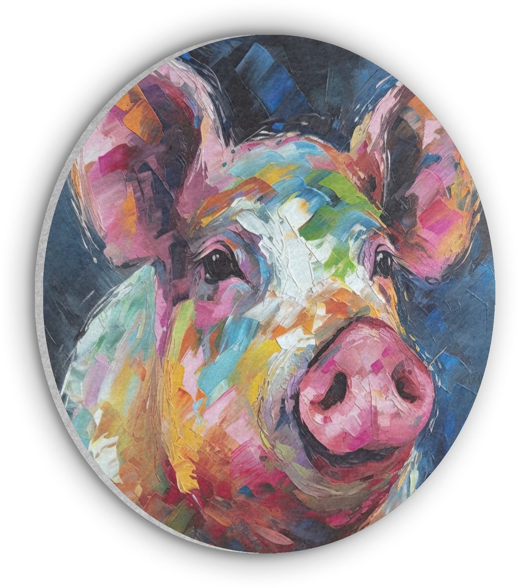 Akoestisch wandpaneel rond 90x90 cm - Vilt schilderij Varken - Olieverf - Dieren - Kunst - Ronde akoestische panelen - Geluidsdempende wanddecoratie - Geluidsisolatie wandcirkel - Muurdecoratie geluidspanelen