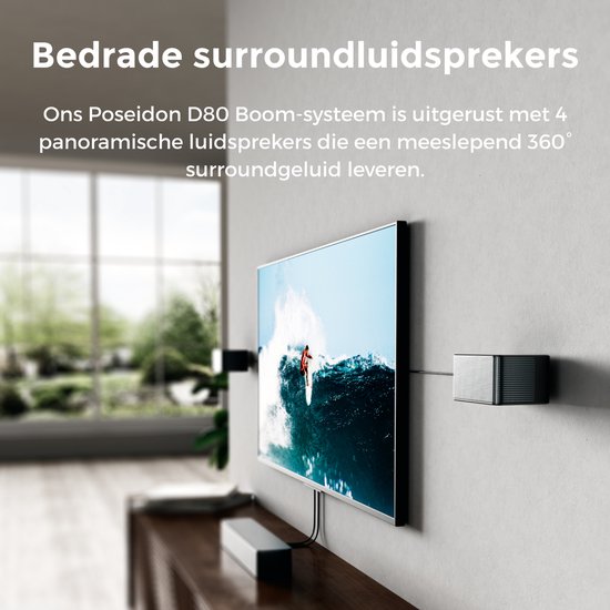 Wandmontage van twee surroundluidsprekers bij een televisie met een surftafereel. "Bedrade surroundluidsprekers"