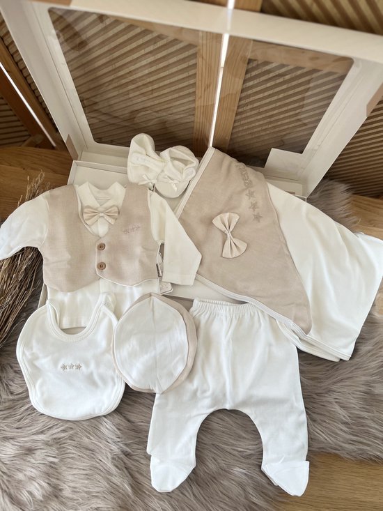 Ensemble nouveau-né 10 pièces avec couverture - coffret cadeau luxe - baptême-baby shower - cadeau maternité - nouveau-né garçon - blanc crème beige - 100% coton - antiallergique-naturel - taille 56/62 de la naissance à 3 mois