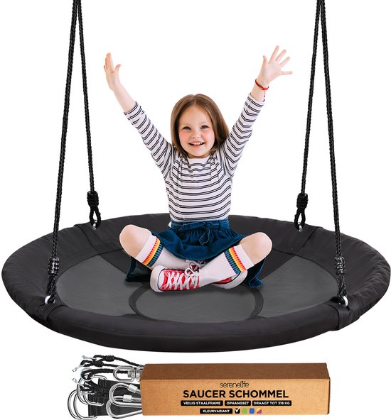 Balançoire nid SereneLife avec suspension – Balançoire d'extérieur pivotante à 360° – Pour Enfants – Zwart