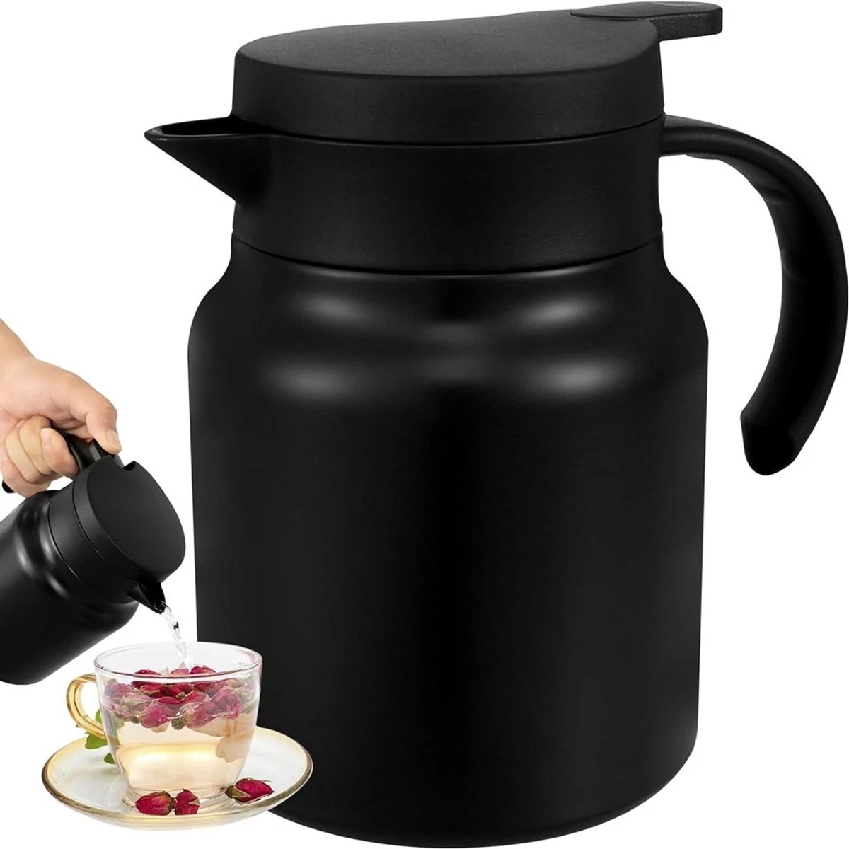 2-wandige RVS Thermoskan 1L – Isoleerkan – Schenkkan met Drukknop – Voor Koffie, Thee, IJswater & Meer – Zwart – 17 x 11.9 x 11.9 cm