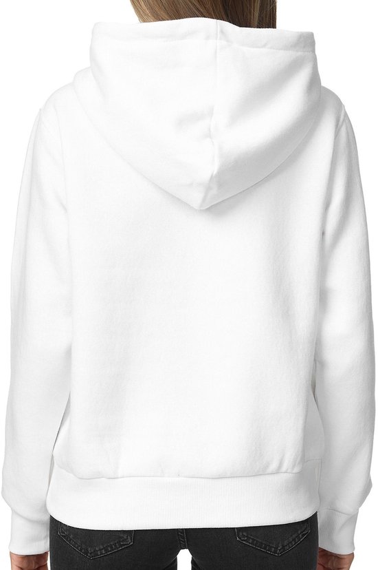 Achteraanzicht van een witte hoodie met capuchon.