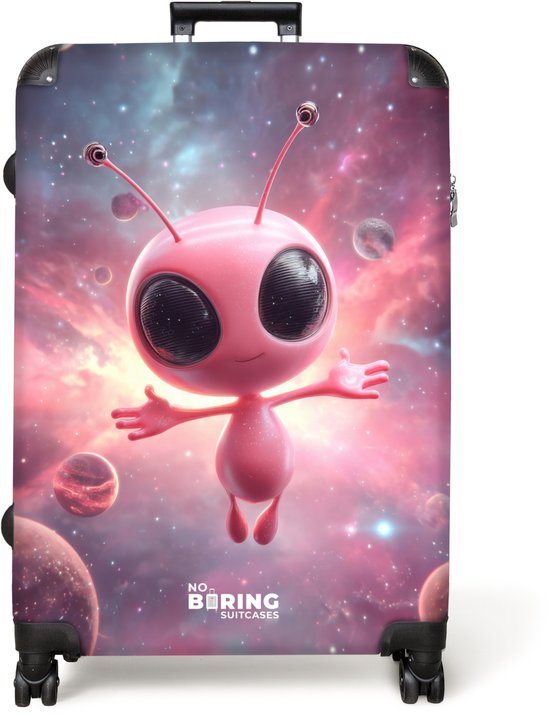 Zwarte koffer met een print van een roze alien in de ruimte, met planeten en een roze nevel.