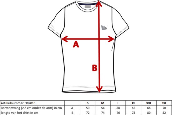 Technische tekening van een T-shirt met afmetingen A en B.