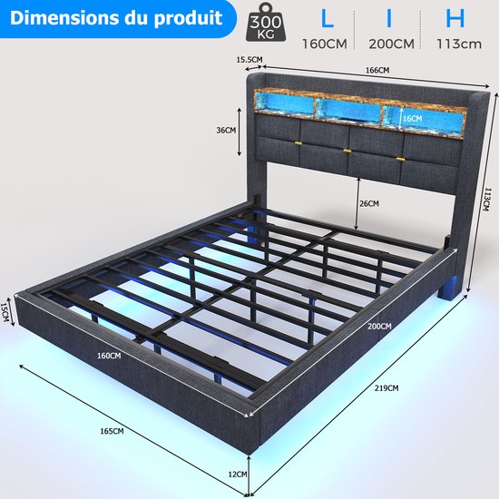Dimensions détaillées d'un cadre de lit double rembourré gris foncé avec rangement dans la tête de lit et éclairage LED bleu.