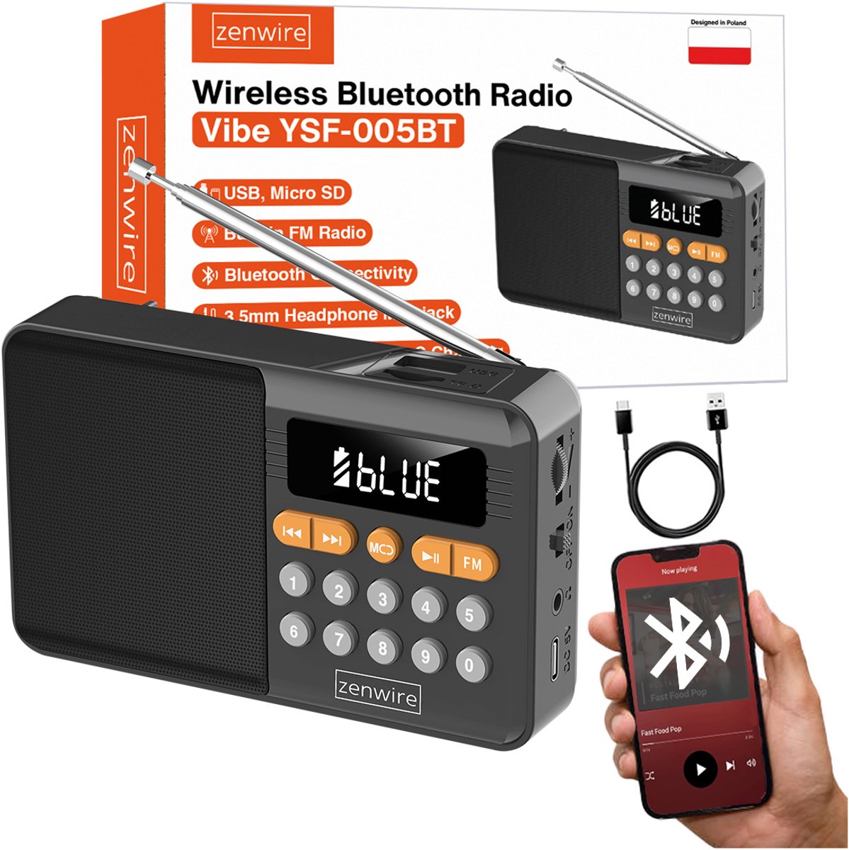 Zenwire Vibe YSF-005BT - FM-radio - Luidspreker - Bluetooth - Draagbaar - SD-kaartlezer - Piekvermogen - 13 W - Werkt op batterijen - Mini-jack - USB - USB-C - Telescopische antenne - LCD-scherm