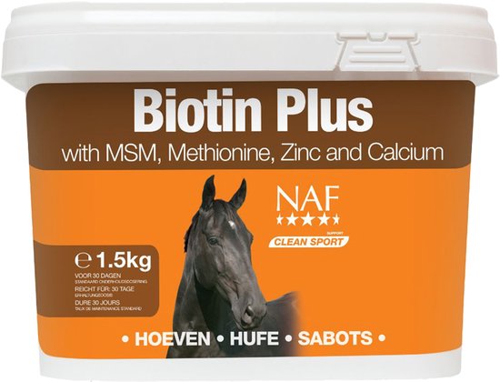 Bruine emmer Biotine Plus NAF met afbeelding van een paardenhoofd. 1,5kg.