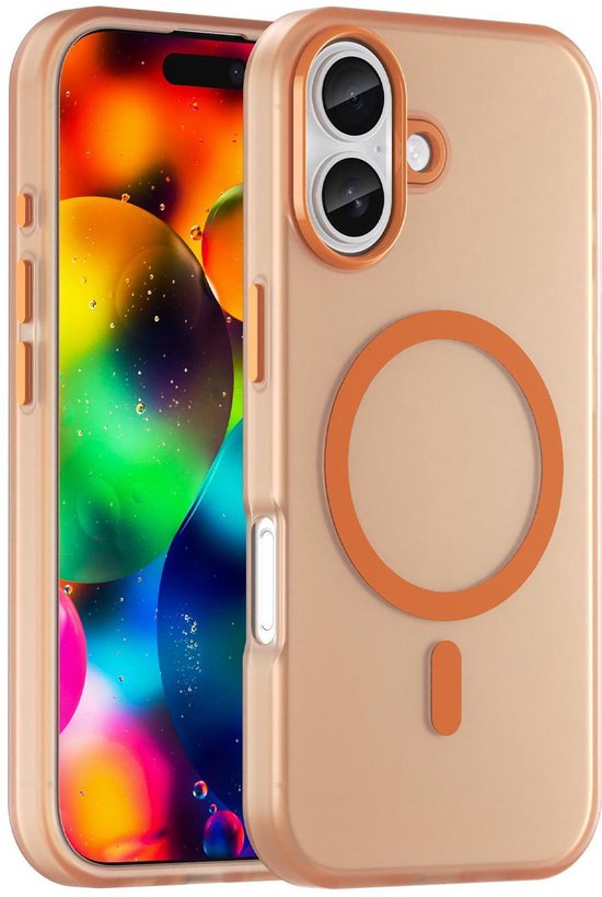 Coque iPhone 14 orange translucide avec anneau MagSafe et accents orange.