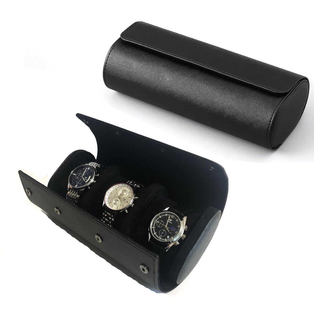 Horloge-organizer met 3 sleuven - Oprolbare opbergdoos voor horloges - Reishorlogebox van leer - Met uitneembare horlogepad - Horlogedisplaybox - Compact en draagbaar - Perfect voor horlogeliefhebbers - Zwart