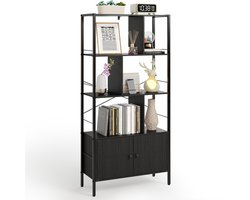 Xbro Boekenkast – Industrieel met 4 Open Planken & Opbergkast met Deuren – Vintage Hout & Zwart Metaal – Boekenrek voor Woonkamer, Slaapkamer of Kantoor – 30×74×153 cm – Zwart